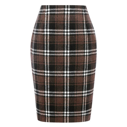 Women Tartan Plaid Thick Woolen Pencil Skirt Lined Back Invisible Zipper High Waist Bodycon Midi Skirt For Daily Casual Outings
