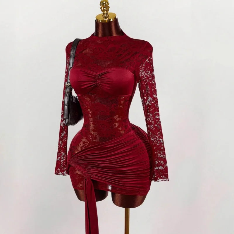 French Lace Sheer Dress Waist-Cinching Pleated Strap Slim-Fit Bodycon Skirt