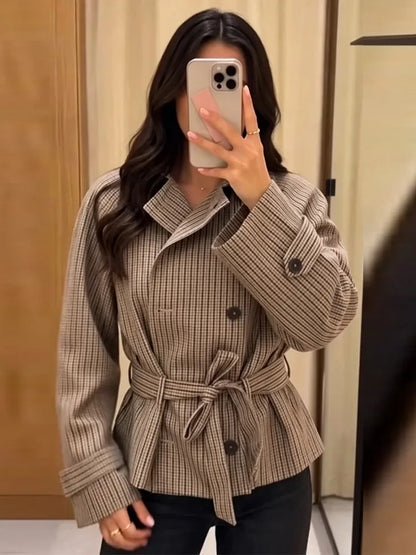 Plaid Women's Outerwear Lapel Double Breasted Trench Coat Belted Raglan Sleeve Jacket French Vintage Style Daily Fashion Wear
