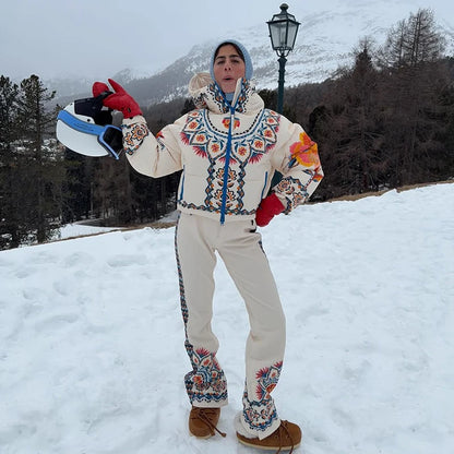 Women's Printed Hooded Ski Jackets Jumpsuit Sets Long Sleeve Zipper Short Coats Straight Leg Overalls 2026 Winter Lady Ski Suits