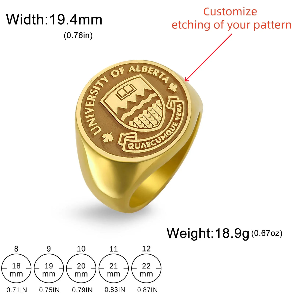 Personalized Etched Signet Ring 18K Gold Plated Custom Logo Family Crest University School Class Ring Engraved Graduation Gifts