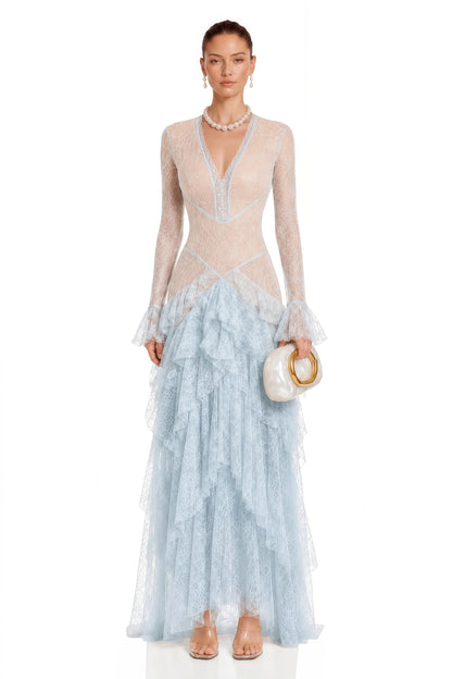 New French Retro Dress With V-Neck Bow Cinched Waist Flared Sleeves Lace Cake Dress Slim Fit Evening Gowns Custom Made