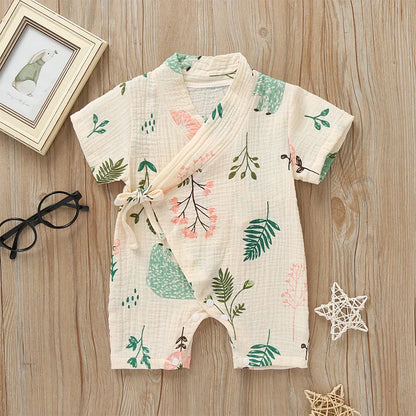 0-18M Summer Baby Girl Boys Clothing  Rompers Jumpsuit Short-sleeved Floral Print  Cute Soft Newborn Infant Baby Kimono Playwear