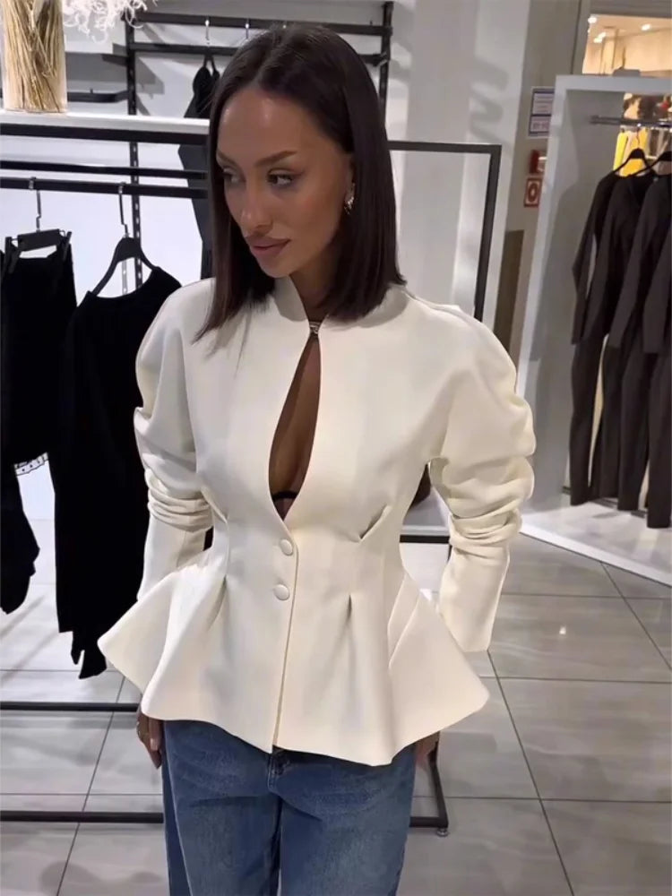 Women's Solid Elegant Ruffle Coats Chic Hollow-out V-neck Full Sleeve Waist-cinching Coat 2026 Spring Lady Highstreet Outwear