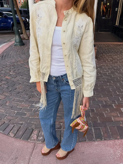 Women's Tassel Hem Vintage Tops Long Sleeved Single Breasted Button Out Stand Up Collar Coat Autumn Bohemian Street Daily Outfit