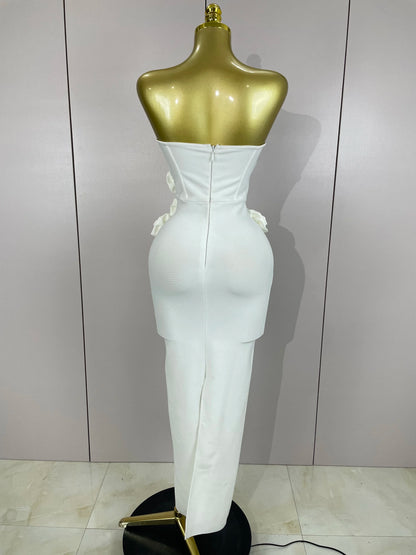 Sexy Fashion White Elegant Strapless Flower Bodycon Long Dress Women Casual Streetwear Club Birthday Party Slim Elegangt Dresses