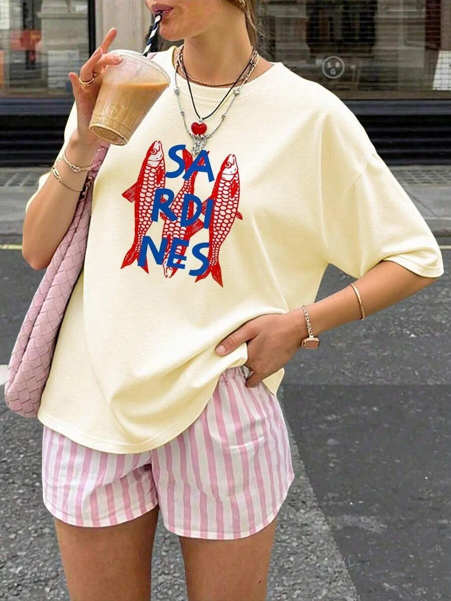 Summer Russian Cartoon Sardines and Letter Printed Short-sleeved T-shirts Fashion Y2K Casual Women's Daily Half-sleeved Tops