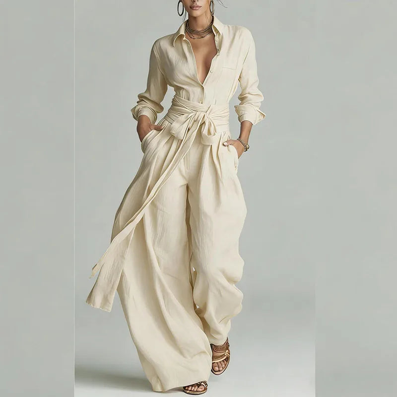 Sexy Single Breasted Lapel Top & Long Pants Sets Woman Casual Solid High Waist Lace-up Outfit Spring Long Sleeve Two Piece Suits