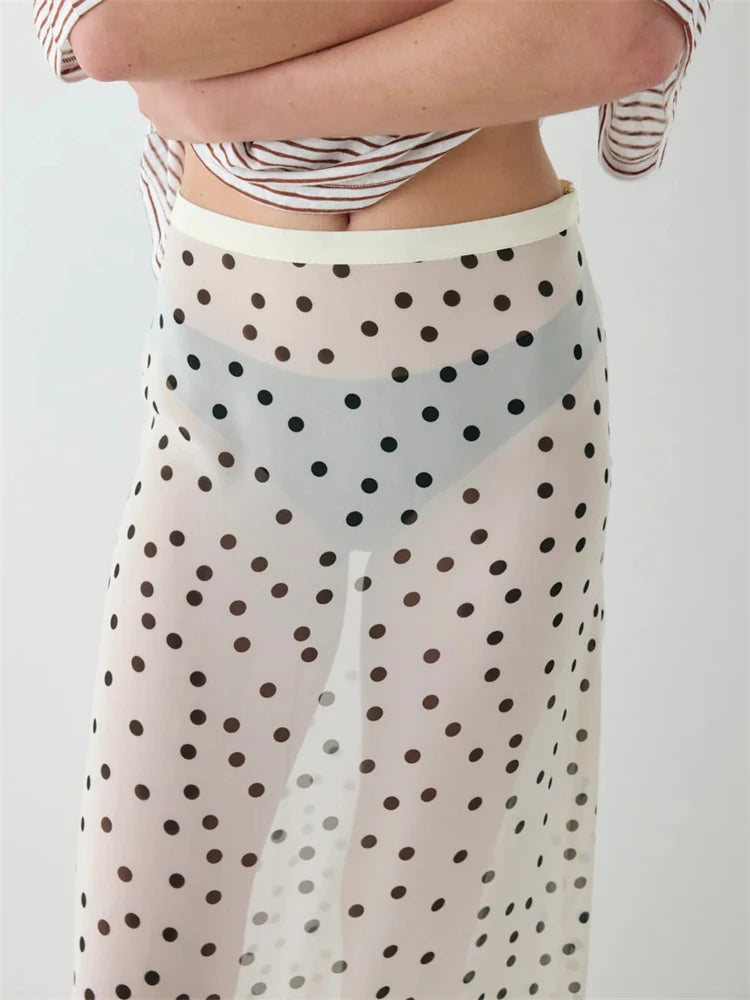 Women Summer Midi Skirts Elegant Dots Print Sheer Long Skirt for Beach Vacation Club Streetwear