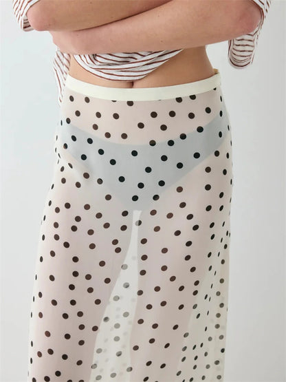 Women Summer Midi Skirts Elegant Dots Print Sheer Long Skirt for Beach Vacation Club Streetwear
