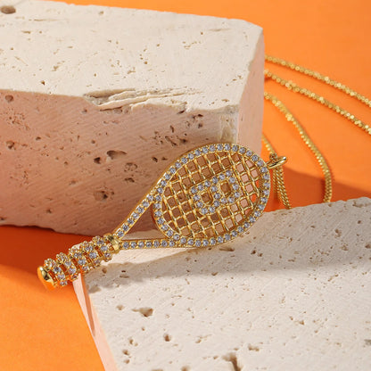 Qitian Custom Initial A‑Z Tennis Racket Necklace 18KGoldPlated Stainless Steel Zircon Pendant Fashion Sport Jewelry Gift Women