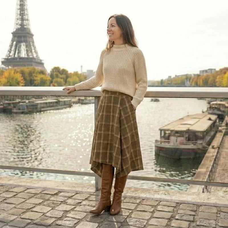 FANAN Women Fashion Plaid Pleated Side Zipper Midi Skirt Vintage High Waist Female Chic Lady Skirts