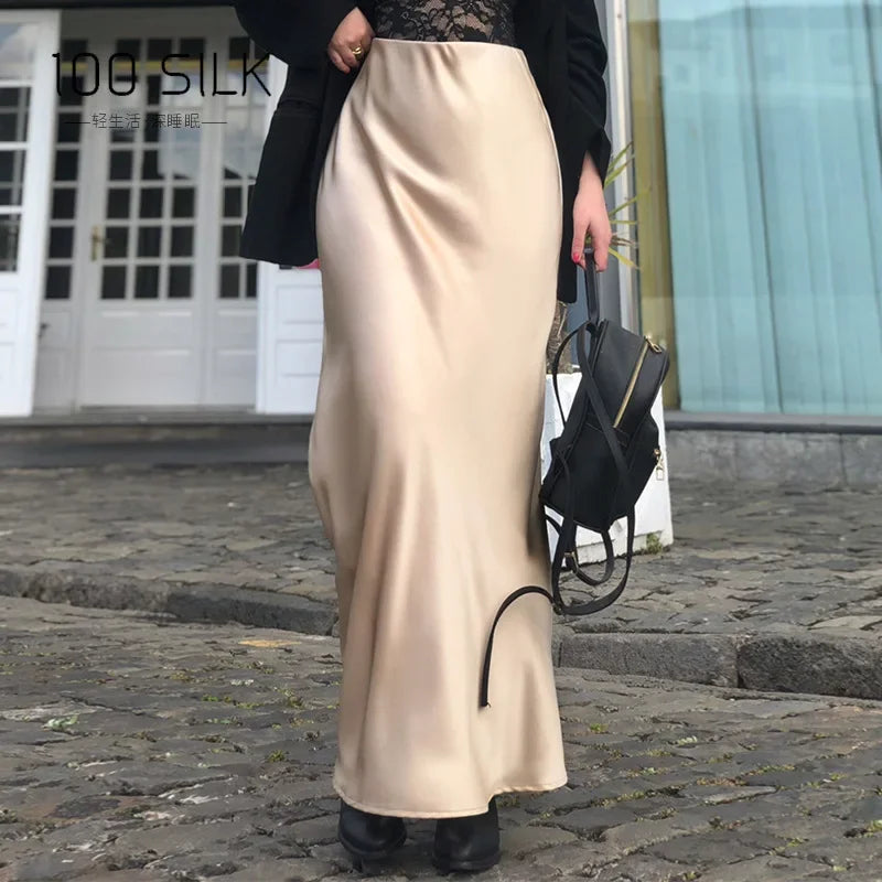 22mm Heavy Silk Skirt Spring and Summer 100% Mulberry Silk Glossy Long Hip Skirt Elastic High Waist Thin Fishtail Skirt