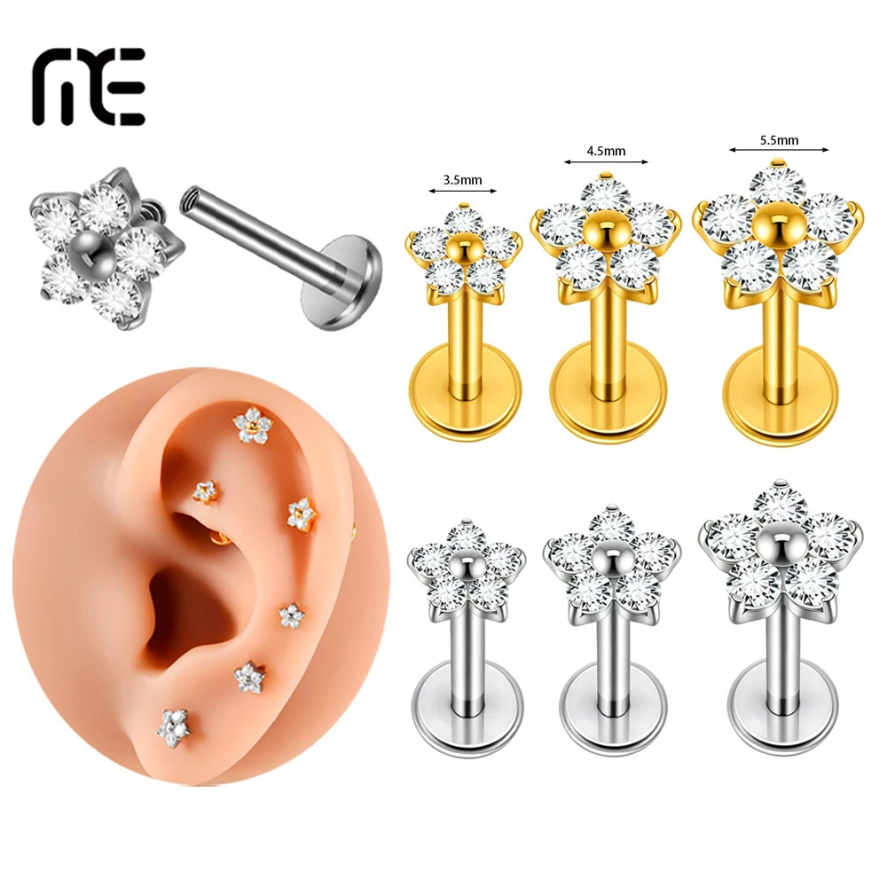 1/5PCS F136 Implant Titanium Earrings Stud,Trendy Flower Zirconia Cartilage Earrings,Tragus Conch Helix Piercing Jewelry