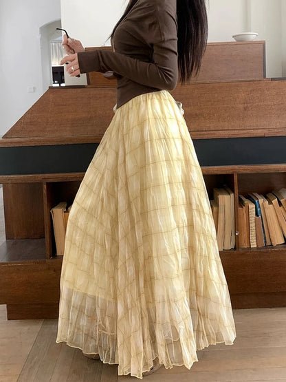 2026 Spring Summer Wrinkled Pleated Skirt Women Mesh Skirt Korean Casual High Waisted A-Line Plaid Long Skirt Midi falda plisada