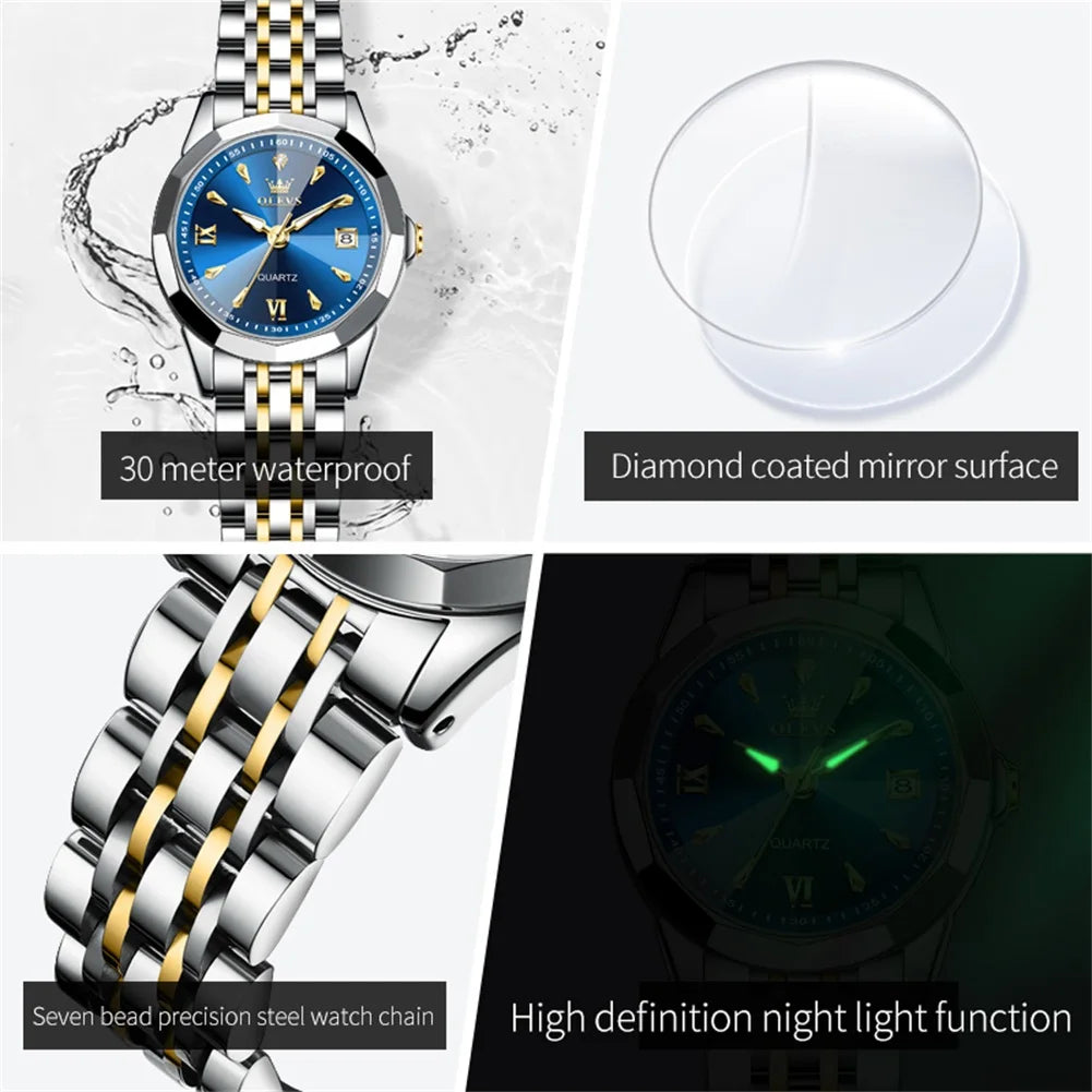 OLEVS 9998 Women Watch Luxury Original Quartz Fashion Brand Diamond Waterproof Luminous Wristwatch Calendar Window Elegance Design For Women