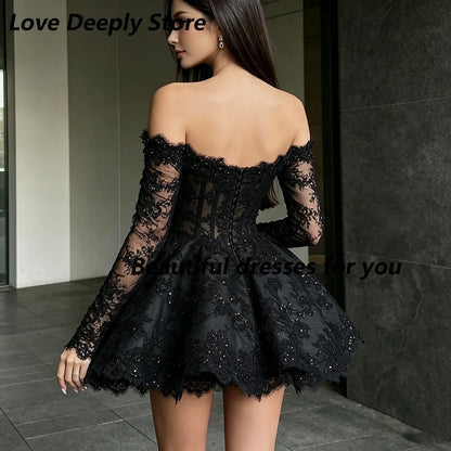 Black Lace Mini Cocktail Dresses for Woman Customized Sweetheart Neck 3/4 Sleeves Beading Luxury Prom Party Gowns 2026
