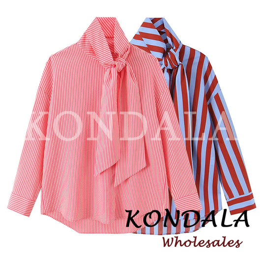 KONDALA Vintage Striped Bow Women Casual Asymmetric Shirt Fashion 2026 Spring Single Breasted Shirt Streetwear Chic Female Shirt