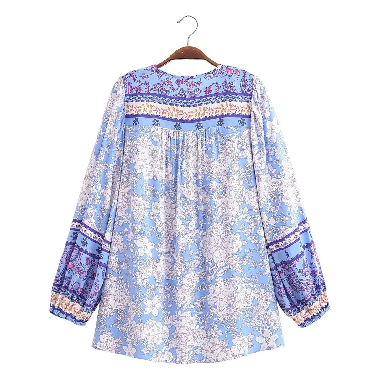 Boho Queens Vintage Purple Floral Print Front Button Loose Blouses  Ladies Lace-up V-Neck Long Sleeve Beach Shirts Tops Blusas