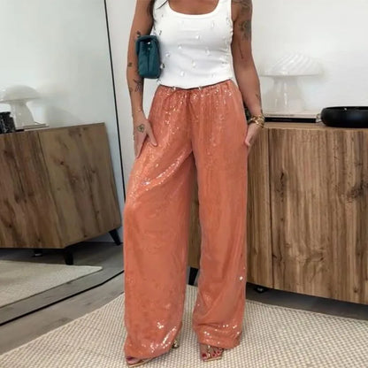 Street Sequin Women's Pants Lace Up Elastic Low Waist Female Wide Leg Trousers 2026 Summer Shiny Loose Club Party Lady Pant