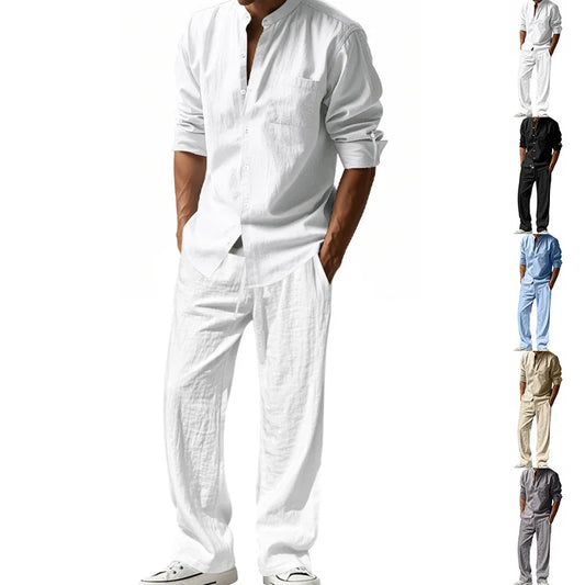Tracksuit 2025 Seasons Linen Men's Casual Loose Breathable Long sleeved Pants Shirt Beach Set in Stock Male  Clothing Big Size