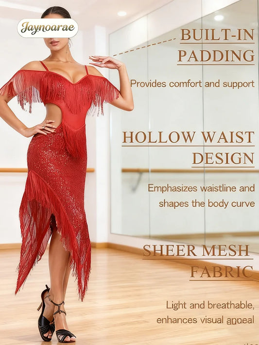 JAYNOARAE Women's Sequined Tassel Latin Dance Dress Party Dress Stage Performance Costume Competition Dress
