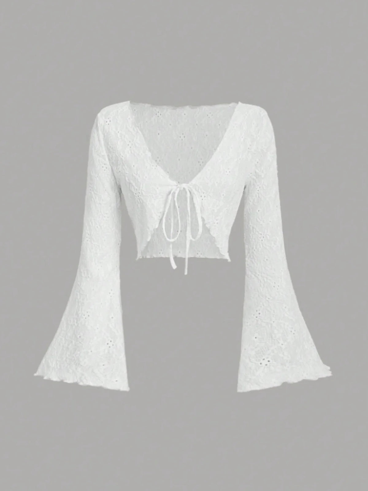 Women Eyelet Lace Flare Sleeve Crop Cardigan Front Tie V Neck Scalloped Edge Solid Black Summer Cover Up Shrug Top