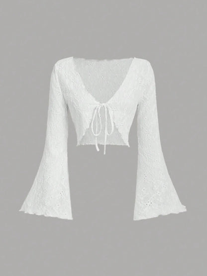 Women Eyelet Lace Flare Sleeve Crop Cardigan Front Tie V Neck Scalloped Edge Solid Black Summer Cover Up Shrug Top