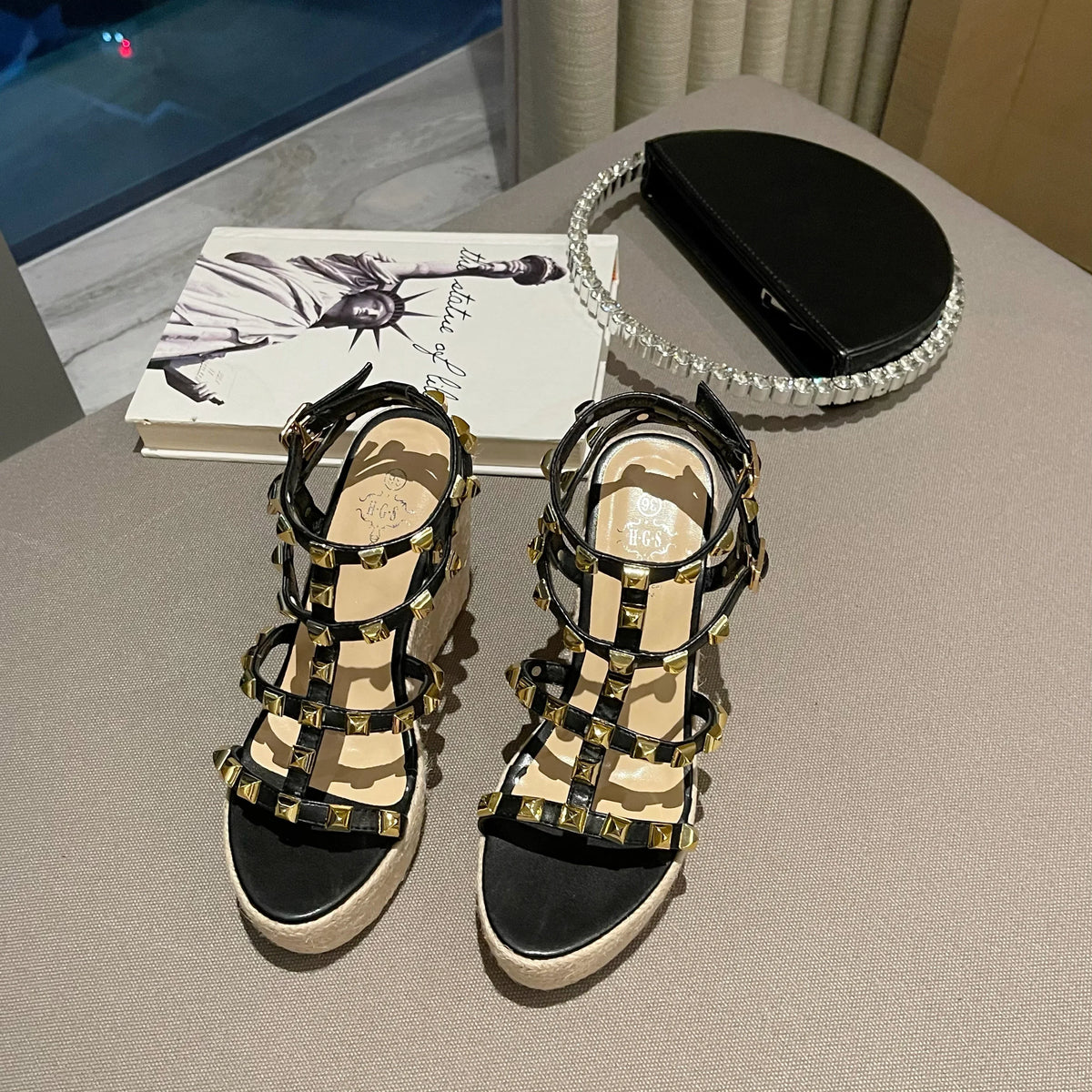 Rivet Wedges Women Sandals Open Toe Ankle Buckle Strap Ladies Platform Wedges Sandals High Heels Roman Rattan Grass Woven Shoes