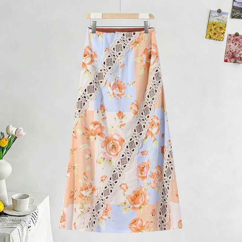 Vacation Floral Printed Cascading Ruffle Skirt Sets Women Sleeveless Sling Top Cake Long Skirts 2026 Summer Holiday Sweet Outfit