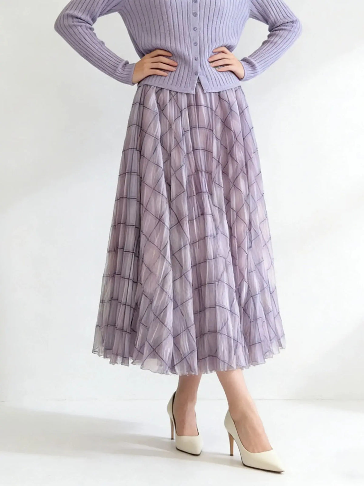 Retro Plaid Print Tulle Maxi Skirt for Women, Spring Summer High Waist Slim A-Line Pleated Midi Skirt, Flowy Ball Gown Style