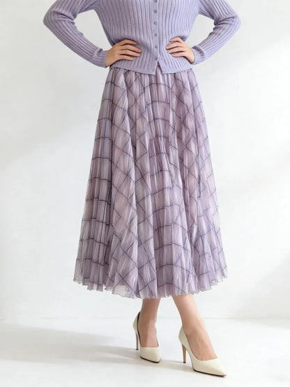 Retro Plaid Print Tulle Maxi Skirt for Women, Spring Summer High Waist Slim A-Line Pleated Midi Skirt, Flowy Ball Gown Style