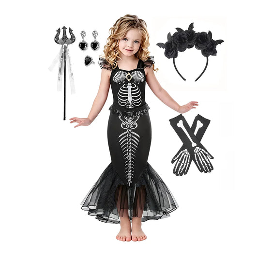 2-10Yrs Girls Halloween Party Skeleton Print Mermaid Princess Dress Gothic Style Black Trumpet Skirt Siren Ariel Cosplay Costume