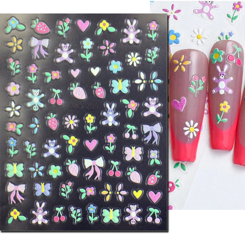 5D Embossed Nail Art Decals Elegant Petals Florals Daisy Flowers Leaves Adhesive Sliders Stickers For Manicure Tips Decoration