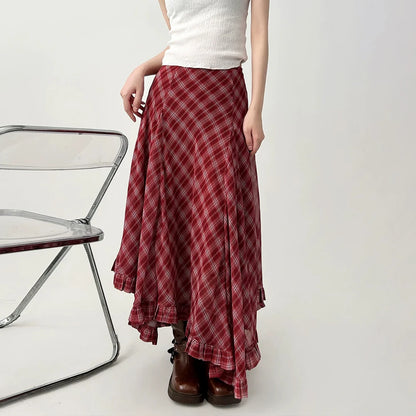 Women's Red Plaid Asymmetric Ruffle Skirt