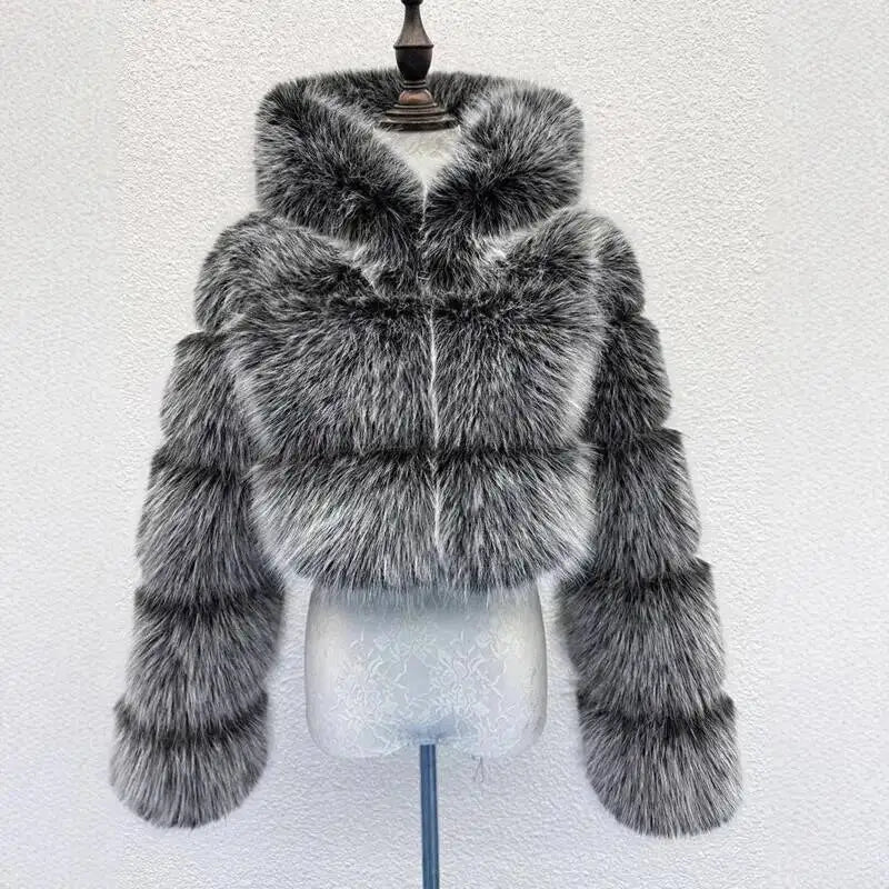 S-6XL Women Coat Autumn Winter Short Hooded Faux Fox Fur Coat Thick Warm Outerwear Fake Fur Woman Jackets Ladies Furry Coats