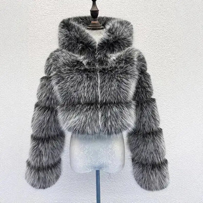 S-6XL Women Coat Autumn Winter Short Hooded Faux Fox Fur Coat Thick Warm Outerwear Fake Fur Woman Jackets Ladies Furry Coats