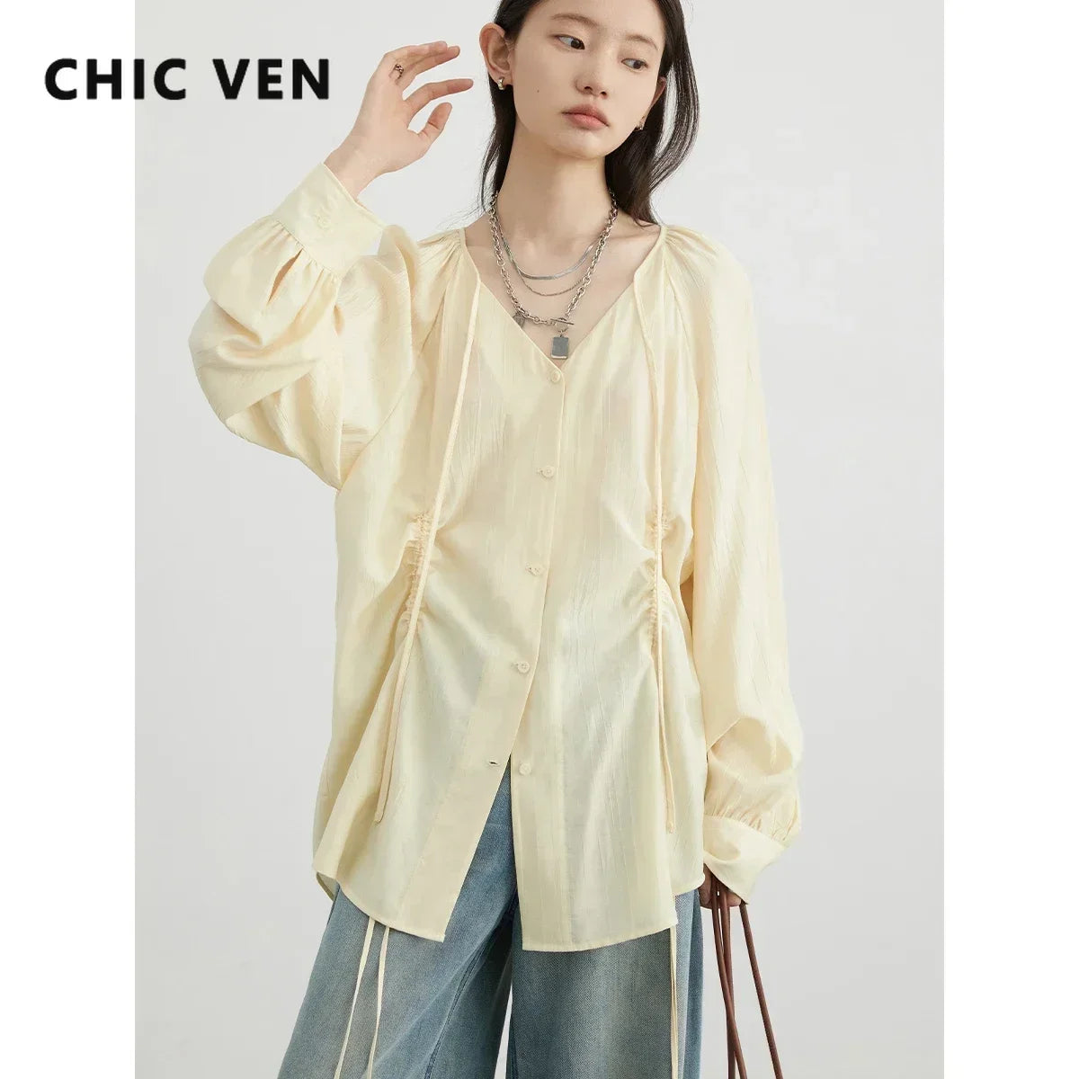 CHIC VEN Women Loose Lace Up Shirt Solid New Korean V-neck Pleated Raglan Long Sleeved Blouses Female Tops Spring Summer 2026
