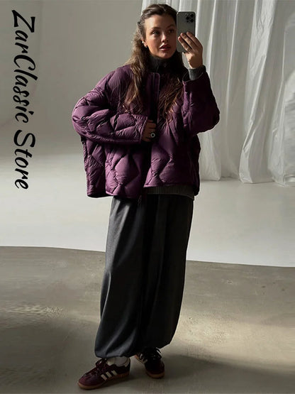 Elegant Women's Winter Jacket Casual Round Neck Zip-up Full Sleeve Loose Quilted Padded Coats New Fashion Warm Outwear 2026