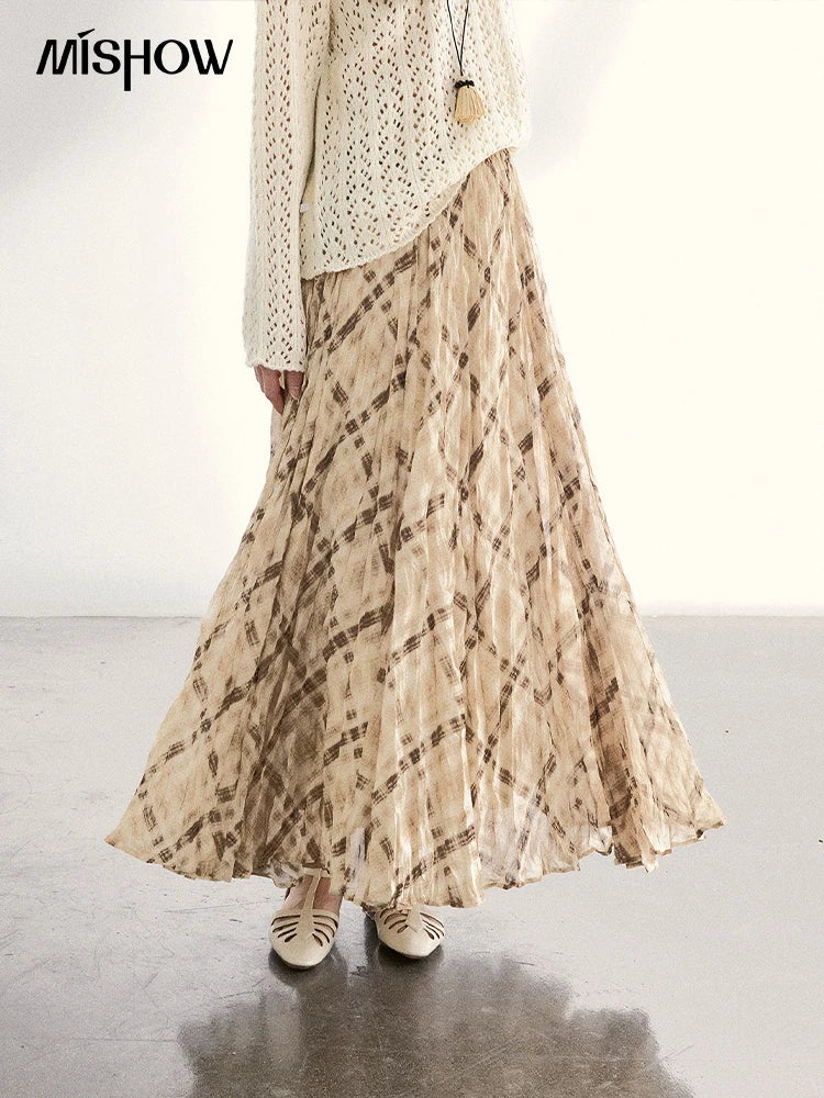 MISHOW Women's Beige Plaid Maxi Skirt 2026 Spring High Waist Flowy A-Line Skirts Elastic Waist Casual Chiffon Skirt MXF108B0769