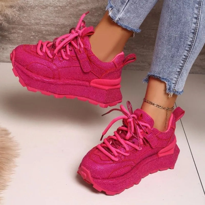 Full Diamond Fashion Sneakers Spring and Autumn New Round Toe Lace-up Platform Non-slip Single Shoes