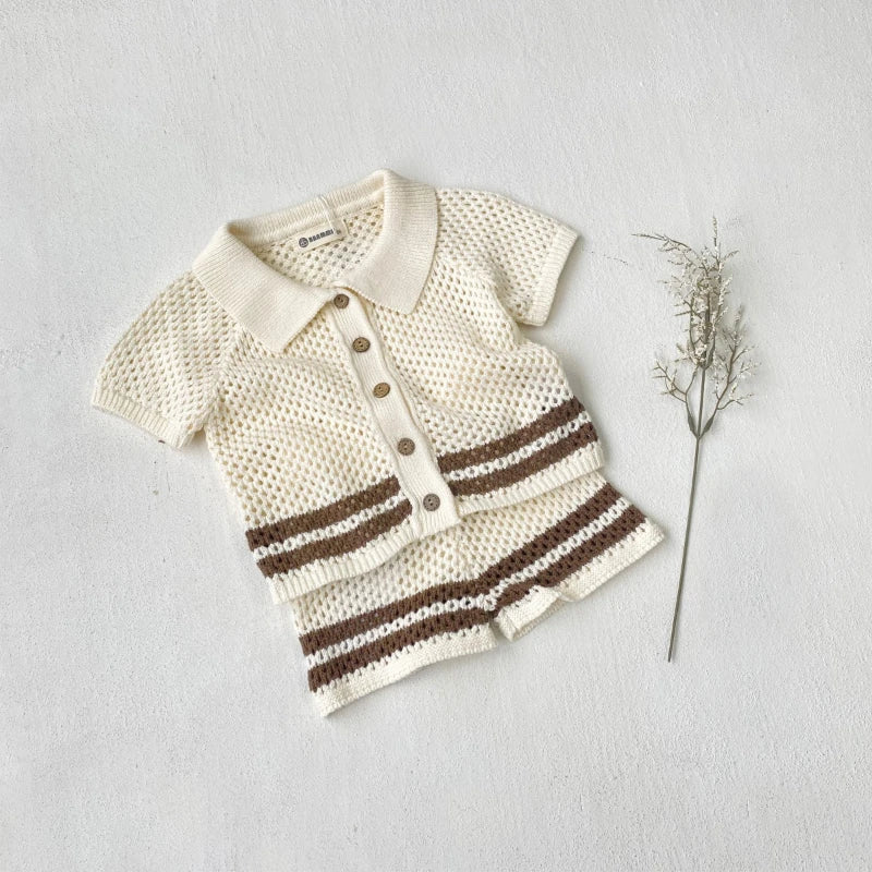 DGUKYM New Summer Baby Clothes Hollow Out Turn-down Collar Knitted Sweater Cardigan Shorts Set Baby Sweater Two-piece Set