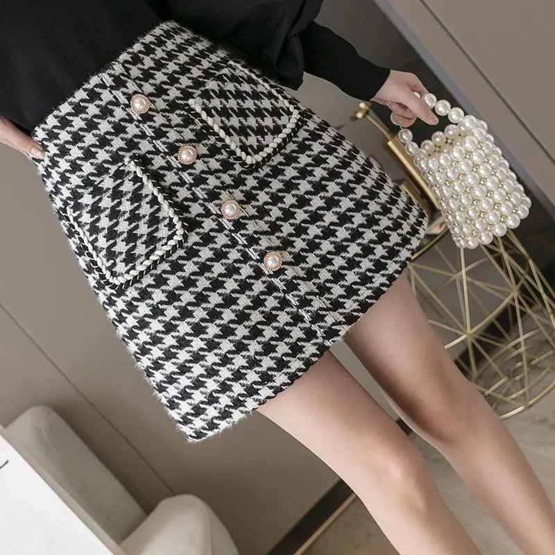 Women 2025 New Wool Houndstooth Short Skirt for Women in Autumn and Winter High-waisted Slim and Versatile A-line Hip-pack Skirt