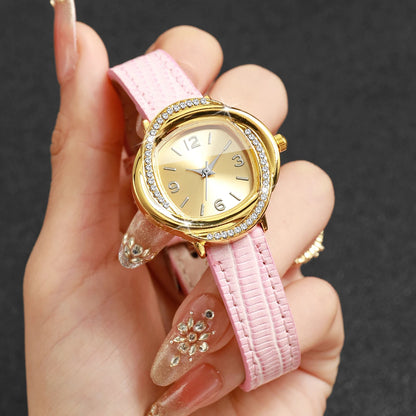 Elegant Rhinestone Golden Dial Women Quartz Watch Leather Strap Ladies Dress Wristwatches Clock Relogio Feminino (Without Box)