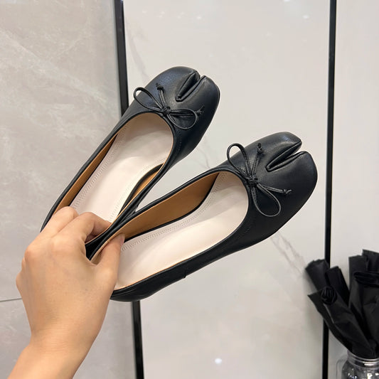 Spring Women Flat Split Toe Shoes with Bow Soft Leather Bow Tie Front Shallow Slip On  Girls Tabi Shoes Flats Ballet Shoes