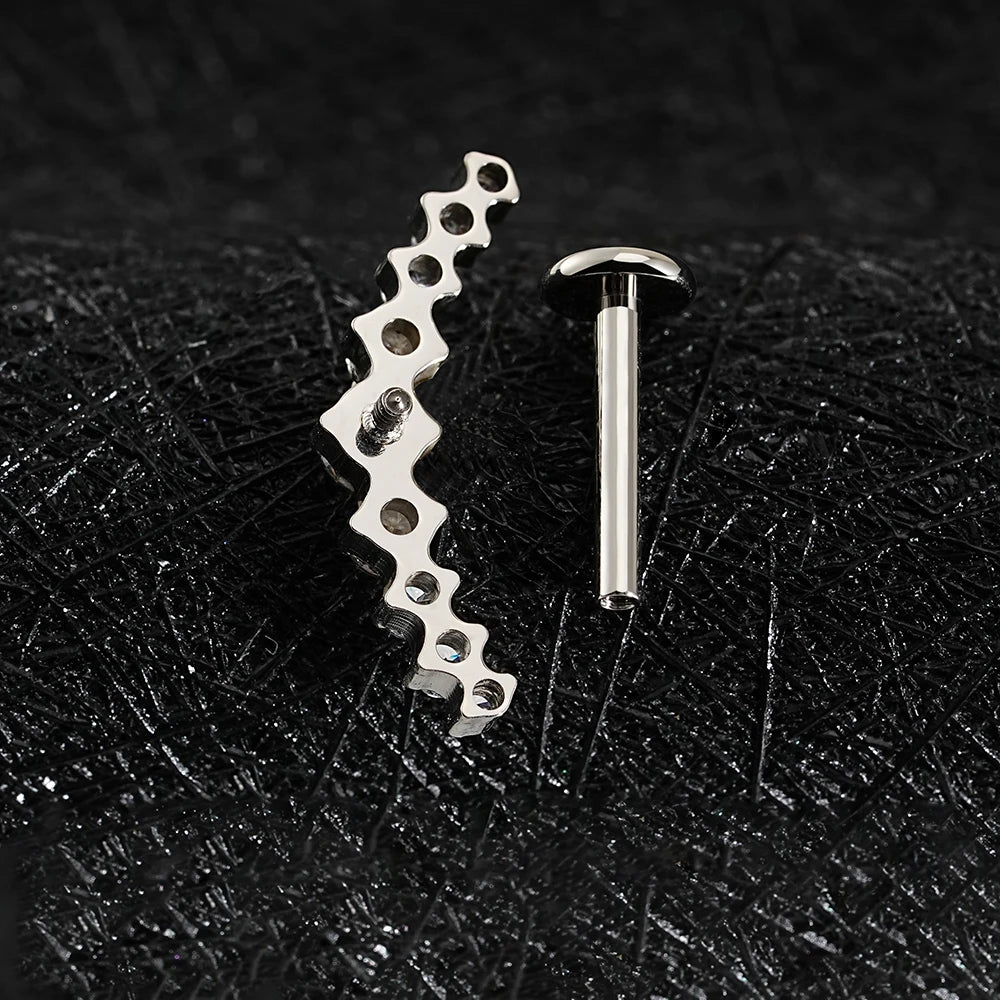 Right Grand ASTM F136 Titanium Arc CZ Cluster Labret Curved Bar Flat Back Stud Earring Helix Cartilage Conch Piercing Jewelry