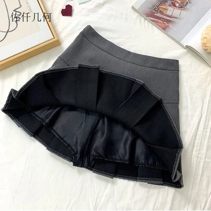2026 New Black and Grey Pleated Skirt Women High Waist Mini Vintage Solid Skirts Korean Fashion School Uniform Streetwear