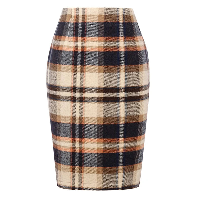 Women Tartan Plaid Thick Woolen Pencil Skirt Lined Back Invisible Zipper High Waist Bodycon Midi Skirt For Daily Casual Outings