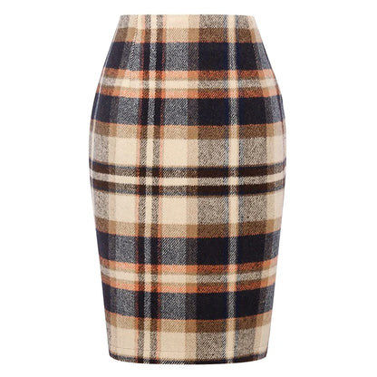 Women Tartan Plaid Thick Woolen Pencil Skirt Lined Back Invisible Zipper High Waist Bodycon Midi Skirt For Daily Casual Outings