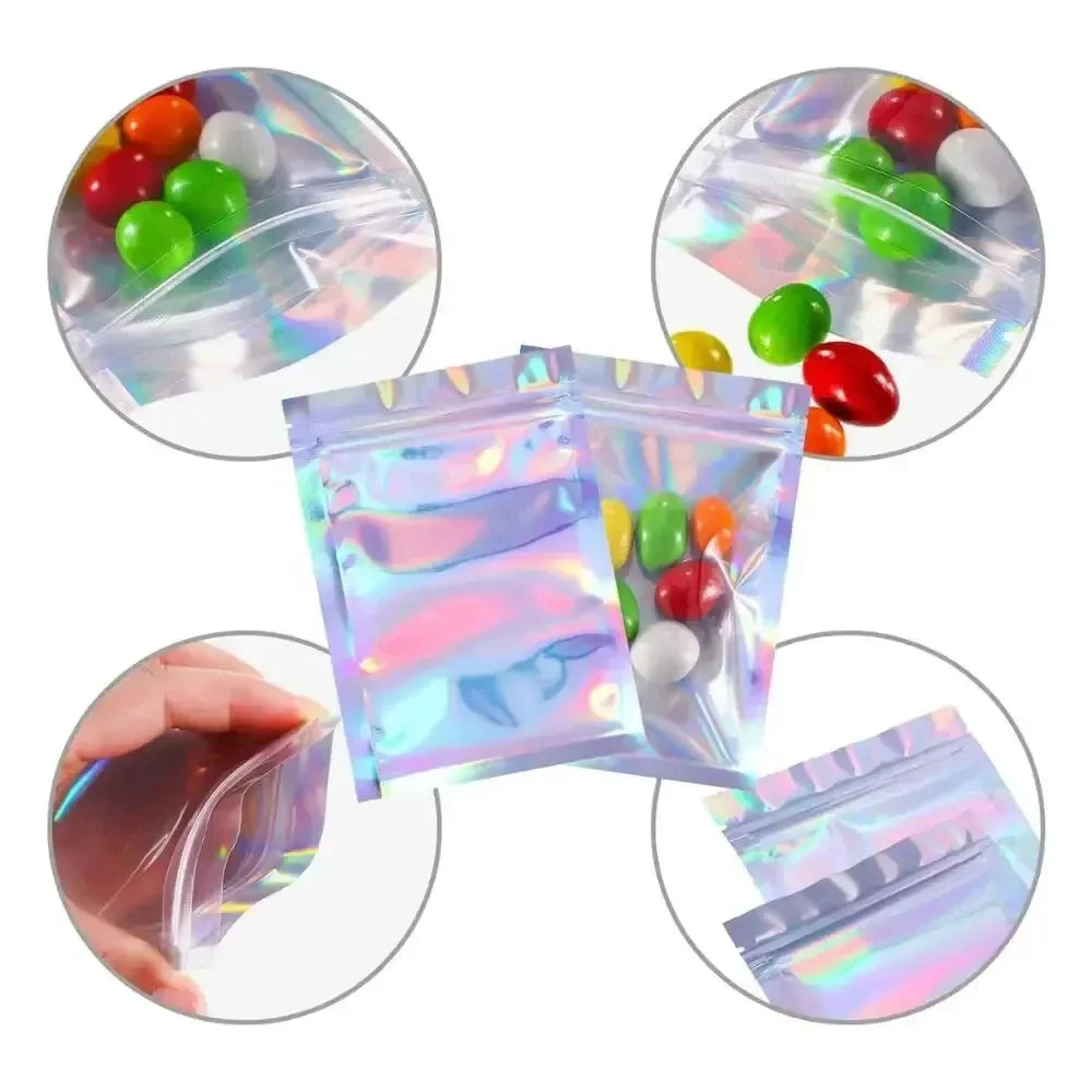 40 PCS Holographic Bag Laser Rainbow Pattern Self Sealing Bag Candy Bag and Front Window Sample Bag